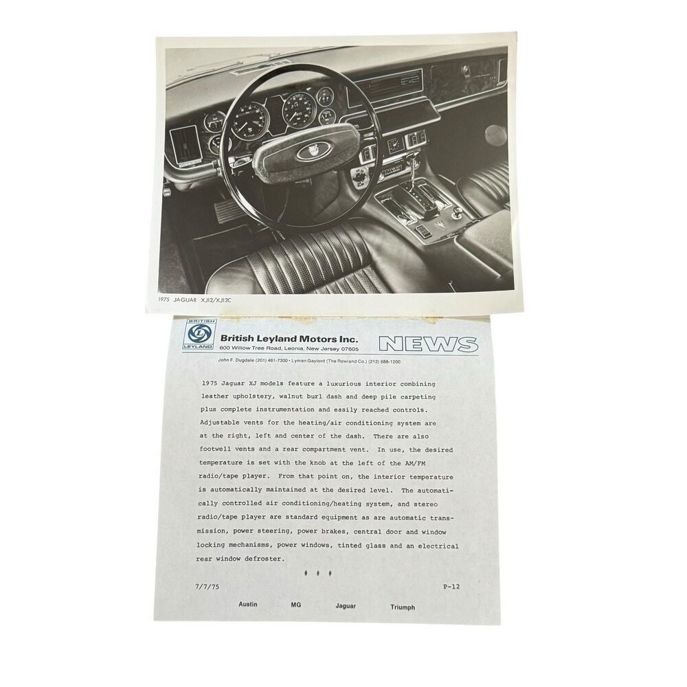 VTG 1975 Jaguar XJ Promo Photo Ad Copy British Leyland Motors Dealership READ